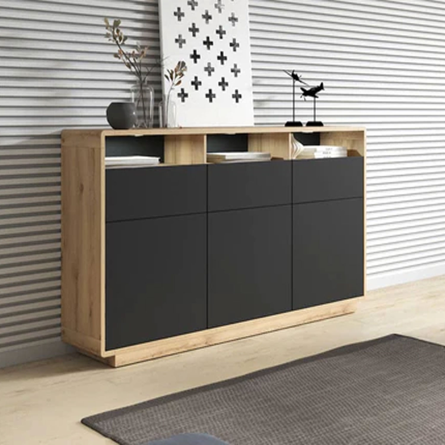 Zion Zenith Sideboard with 3 Doors and 3 Drawers - Oak and Black - Art Nest