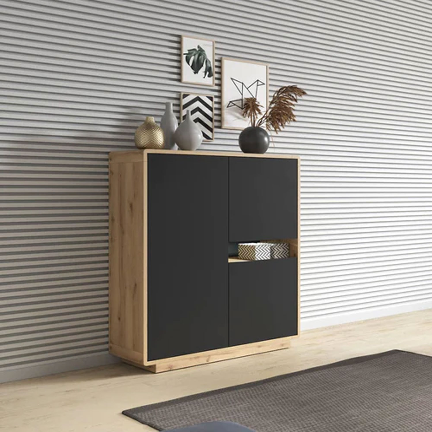 Zion Zenith Sideboard with 3 Doors - Oak and Black - Art Nest