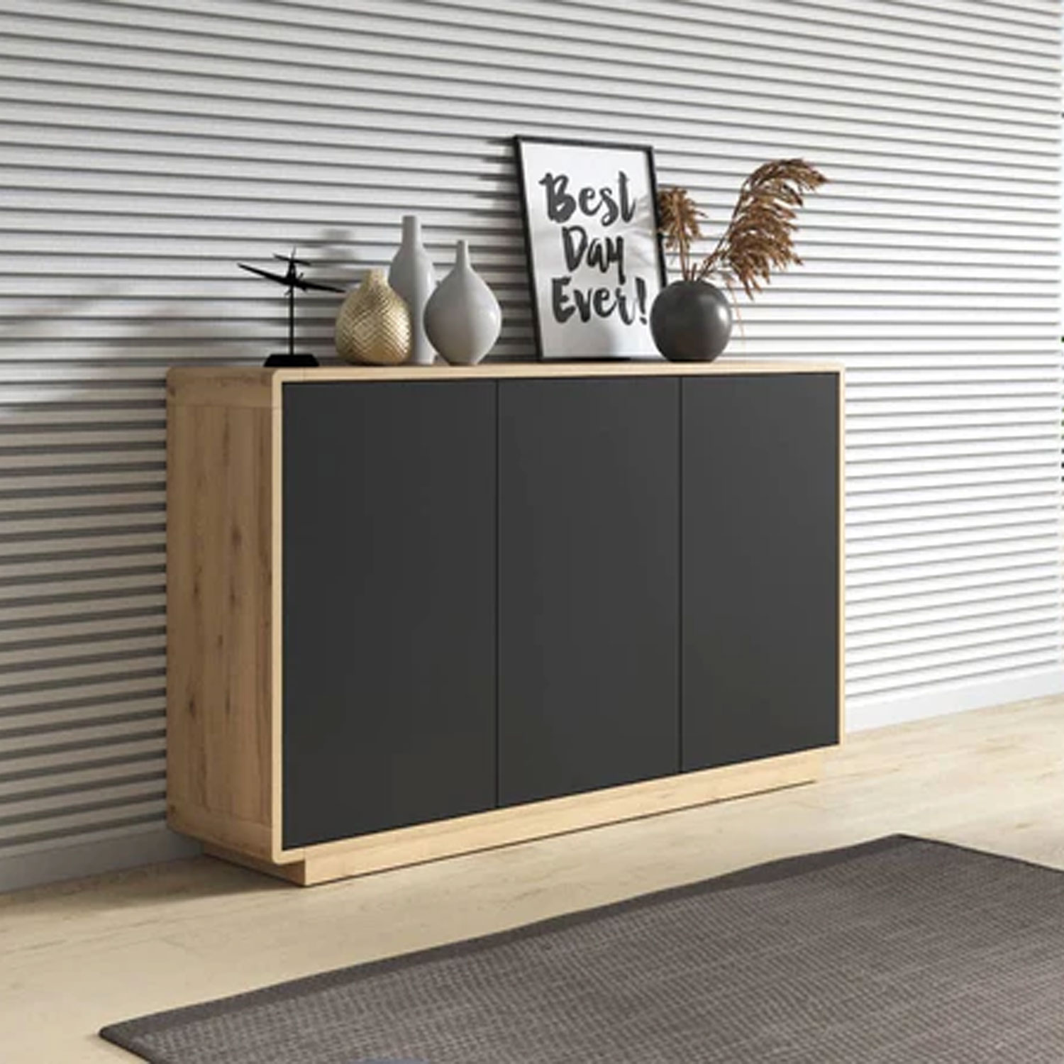 Zion Zenith Sideboard with 3 Doors in Oak and Black - 160cm - Art Nest