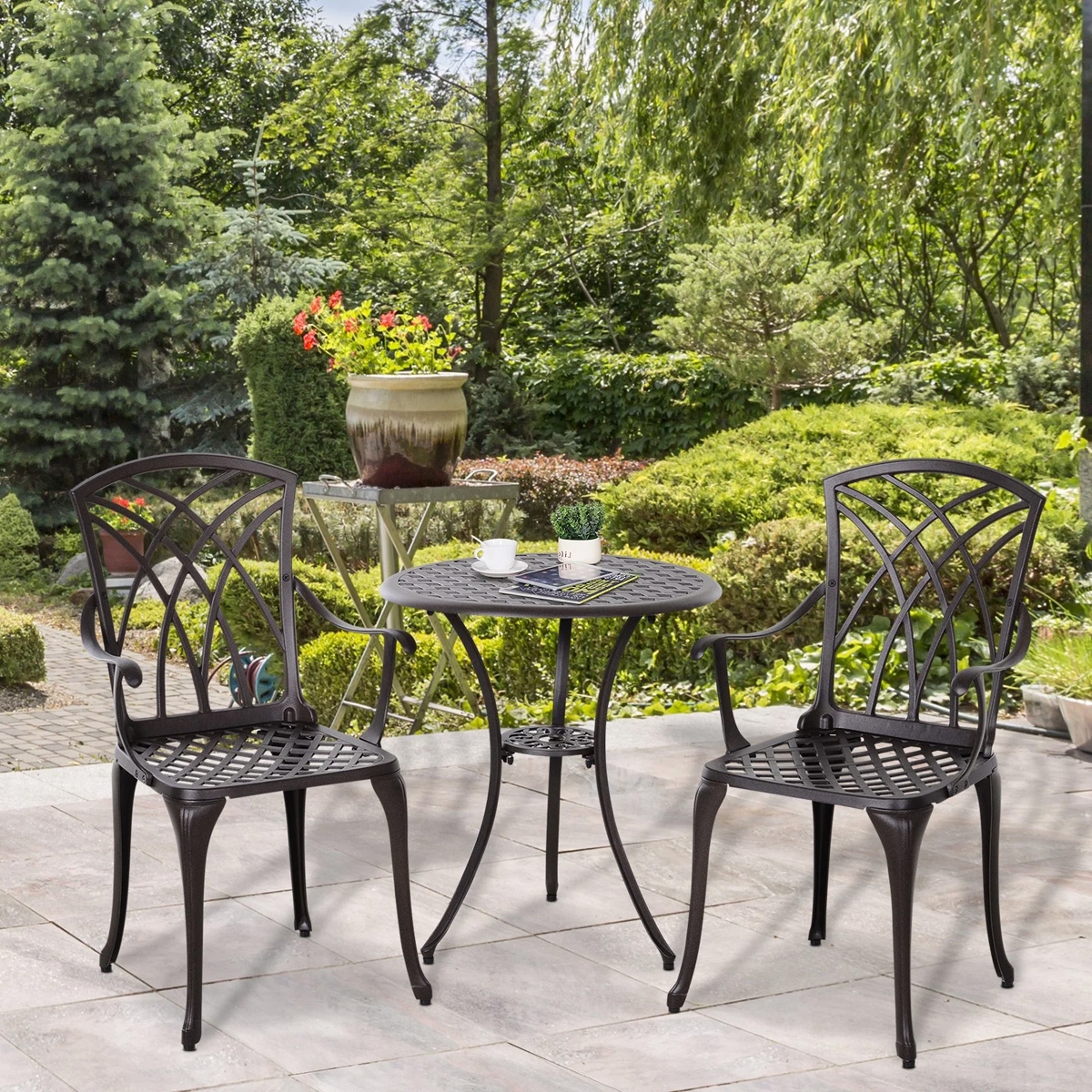 Cast Aluminium 2-Seater Outdoor Garden Table & Chair Set - Brown - The Garden Savant