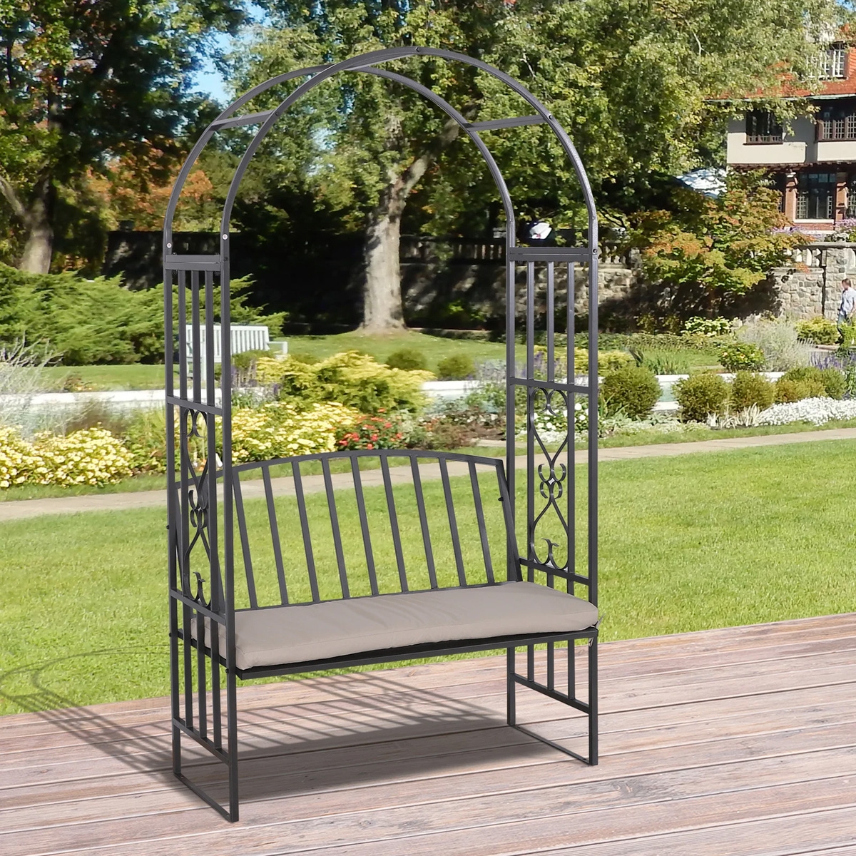Metal Frame Bench with Arch - Grey - The Garden Savant