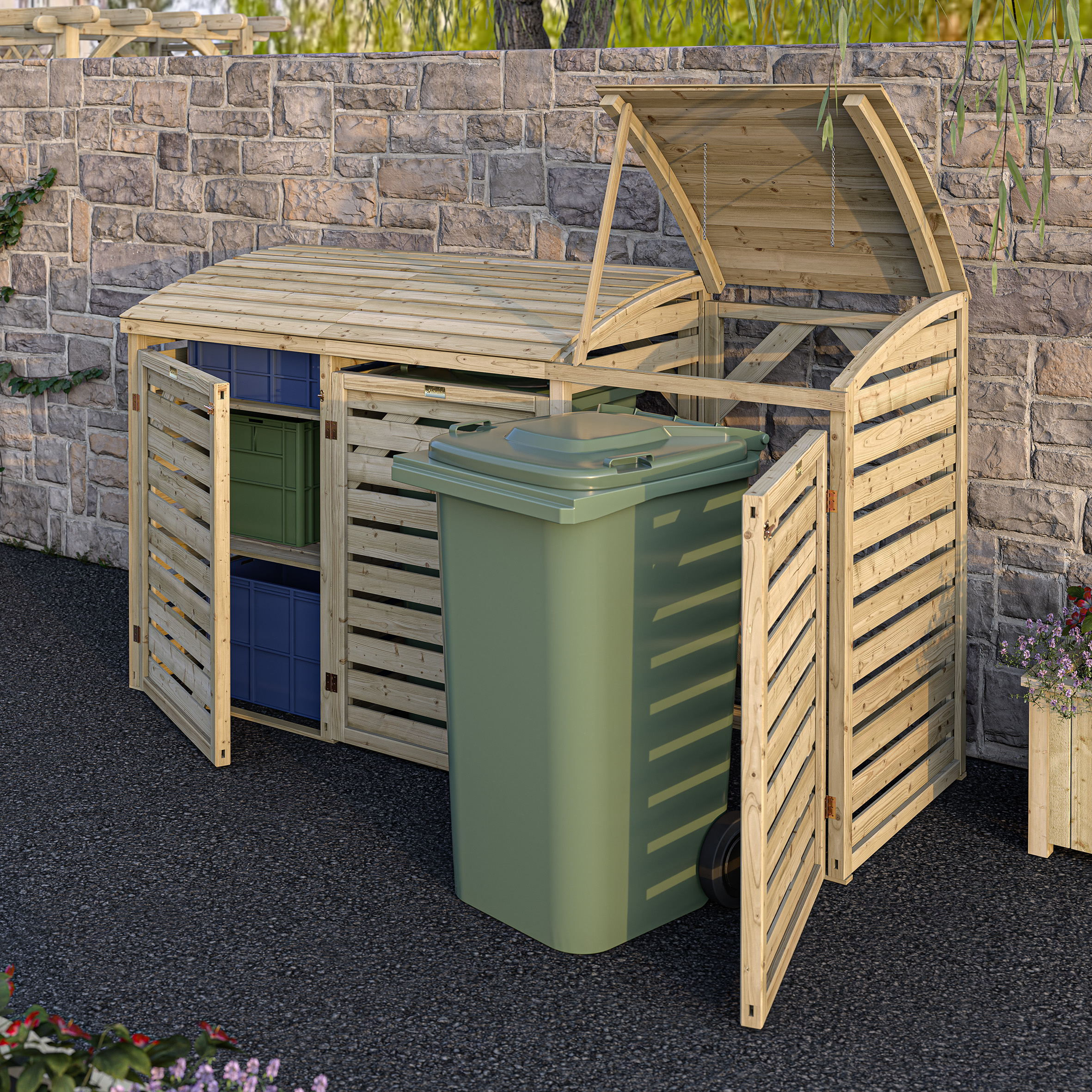 BELLCROFT Double Garden Compost Bin with Single Store Box - Natural - Etta Gardens