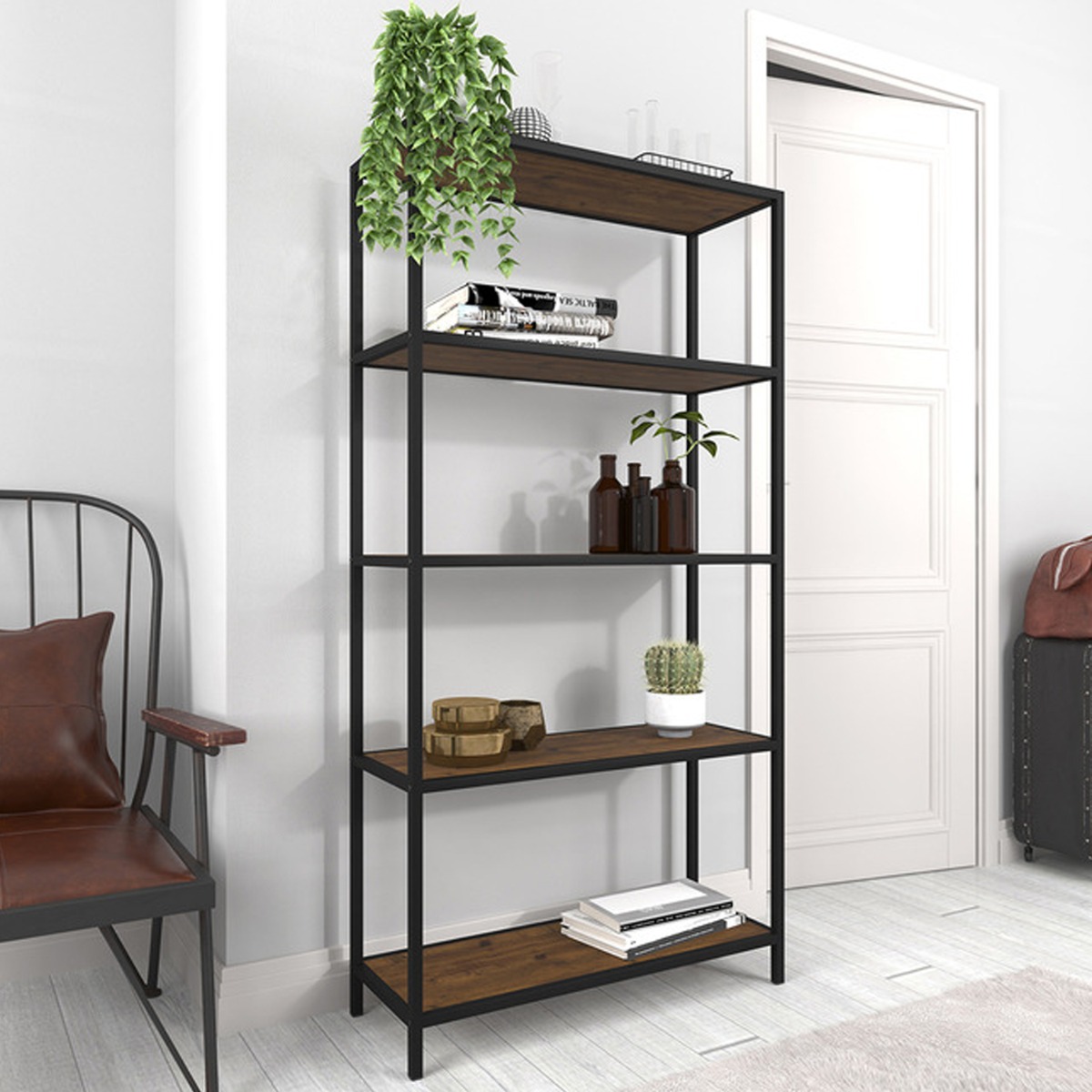 Ealing Black Metal With Rustic Wood Effect Bookcase - Vintage Pine - Leeds Plywood