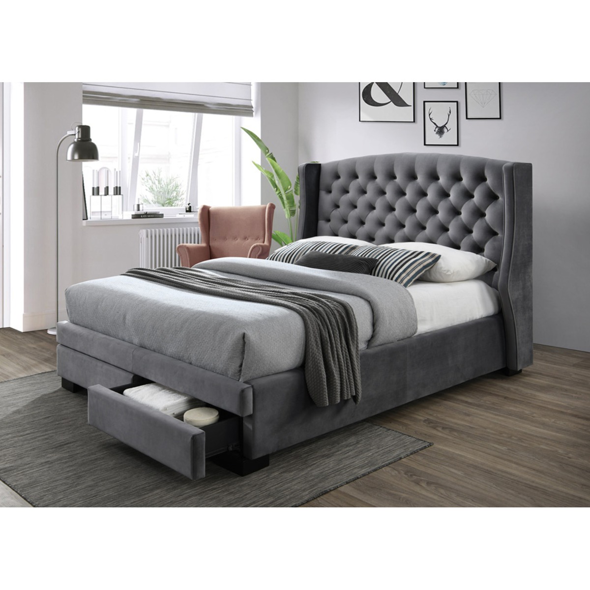Ambassador Upholstered Dark Grey Velvet Fabric Bed with 2 Drawers - Kingsize 5ft - Kaitlyn & Co Industries