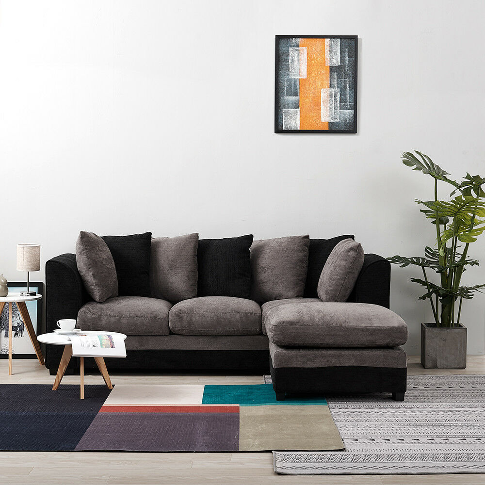 Aruba Black and Grey Chenille Fabric Corner Sofa - Home Done