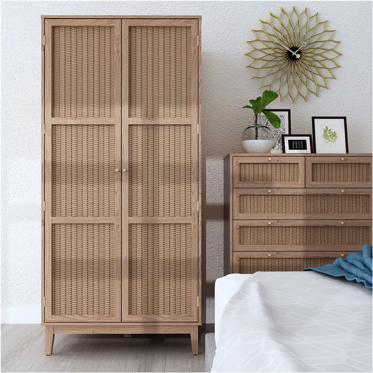 Wardrobe - BATON 2 Door Rattan Wardrobe Natural 85cm - Leeds Plywood