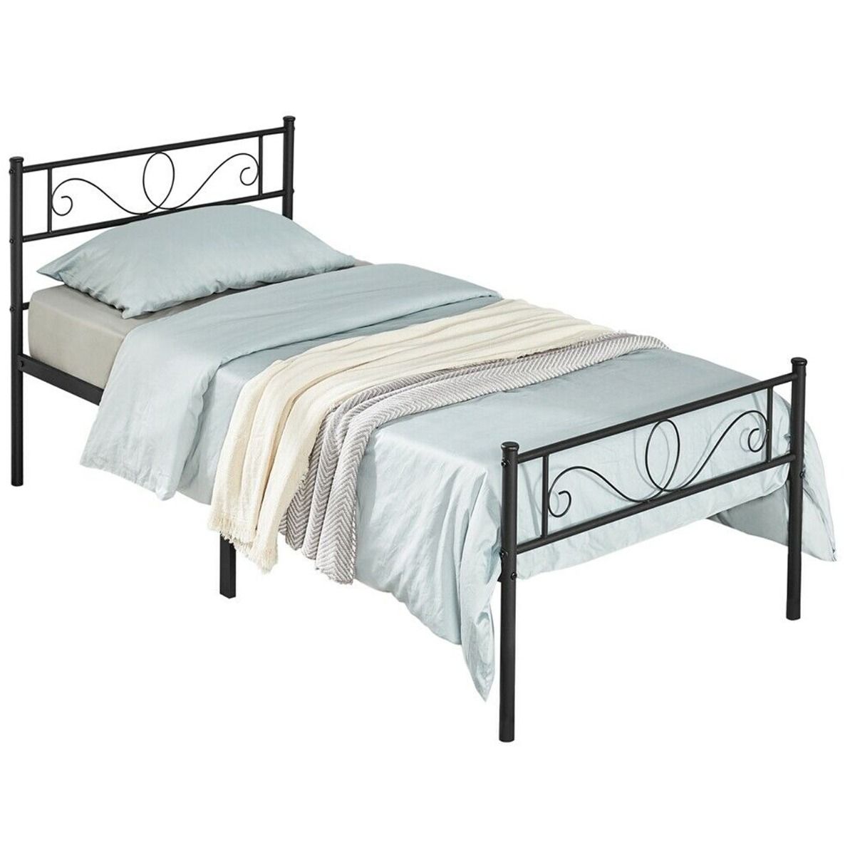 Black Metal Bed Frame Iron Platform Bed with Headboard Slatted Support - 3ft Single - Bedroom & More