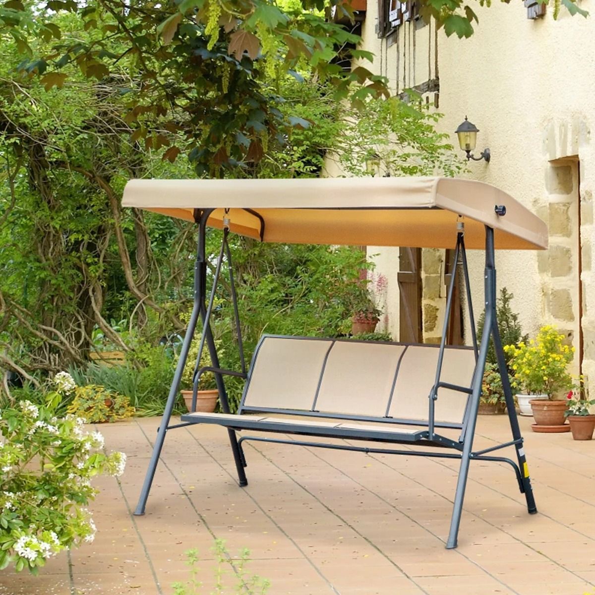Steel Frame 3 Seater Garden Swing Chair Outdoor Hammock with Canopy - Beige - The Garden Savant