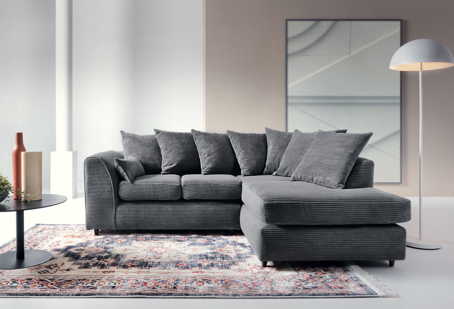 ATLASTON Jumbo Cord 4 Seater L Shaped - Right Hand Facing Corner Sofa - Grey - Moonlight Interiors