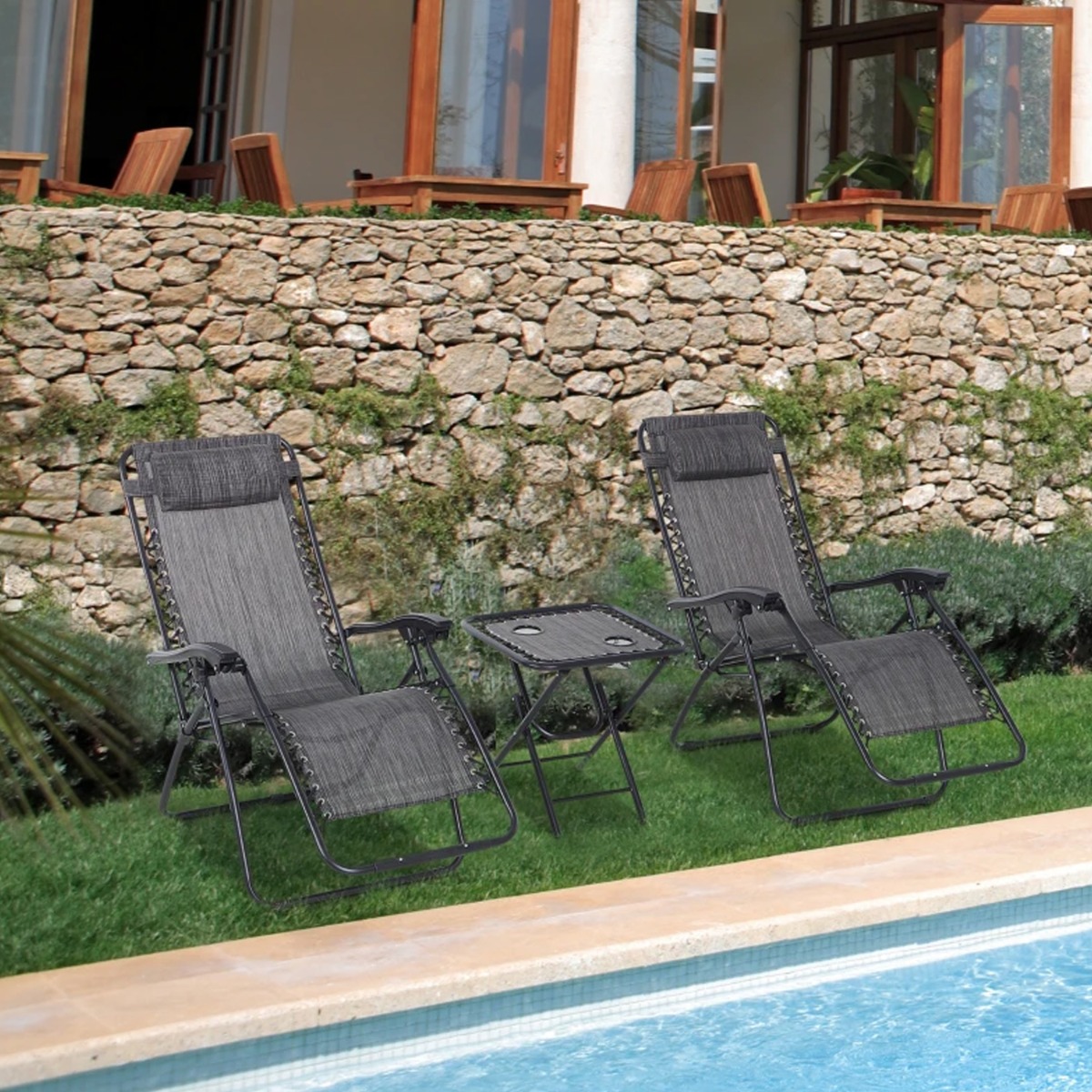 3pcs Folding Zero Gravity Chairs Sun Lounger Table Set With Cup Holders - Light Grey - The Garden Savant