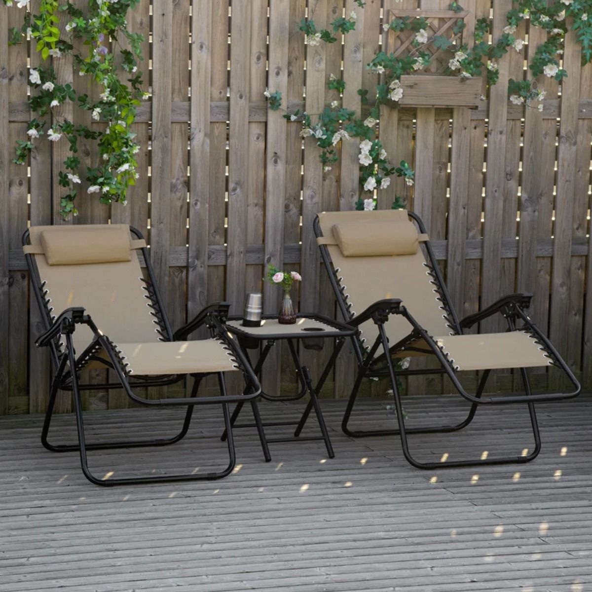 3pcs Folding Zero Gravity Chairs Sun Lounger Table Set With Cup Holders - Beige - The Garden Savant