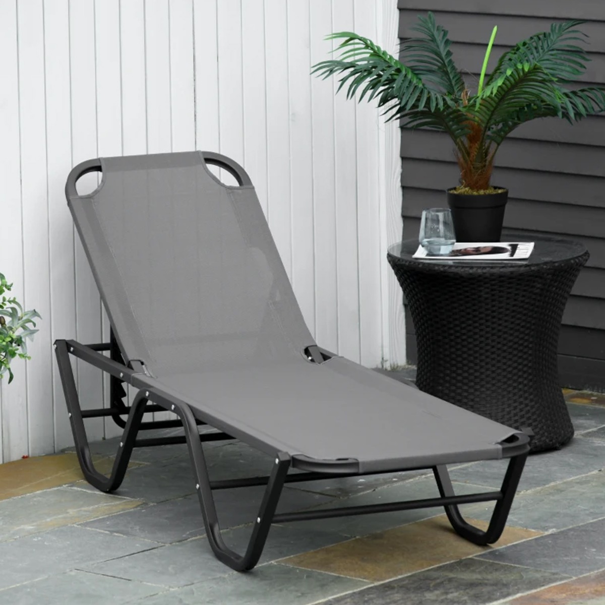 Sun Lounger Relaxer Recliner with 5 Position Adjustable Backrest - Grey - The Garden Savant