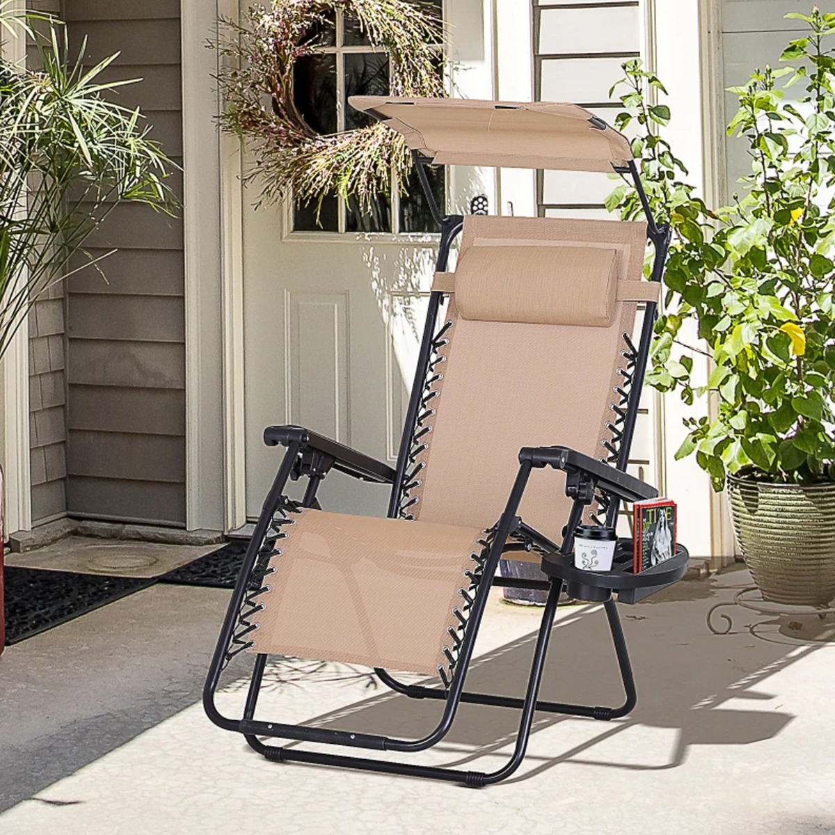 Steel Frame Zero Gravity Outdoor Garden Deck Chair with Canopy - Beige - The Garden Savant