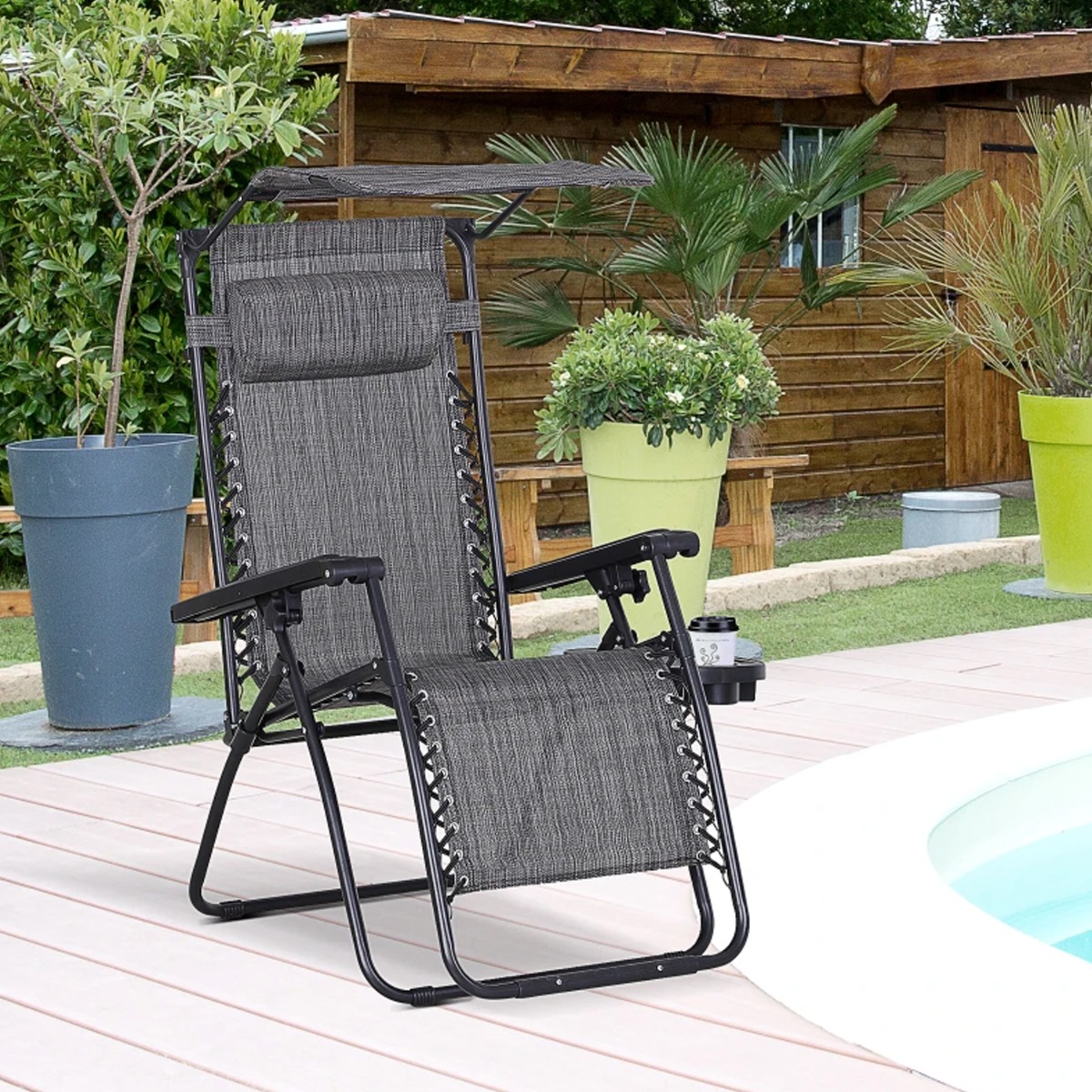 Steel Frame Zero Gravity Outdoor Garden Deck Chair with Canopy - Grey - The Garden Savant