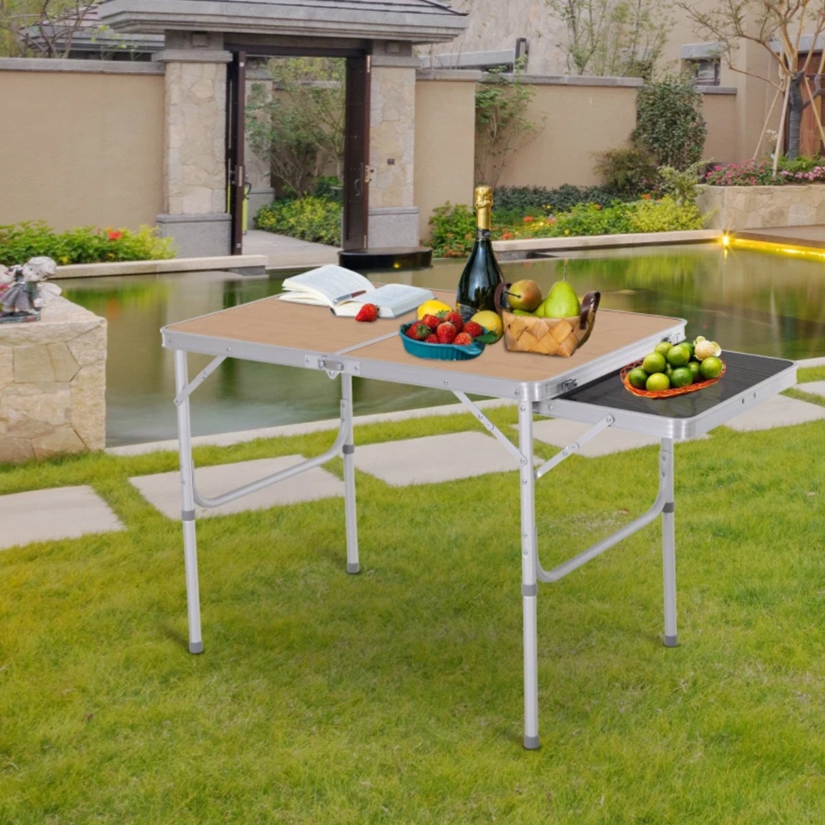 Aluminium MDF Top Folding Garden 3ft Portable Table - Brown - The Garden Savant