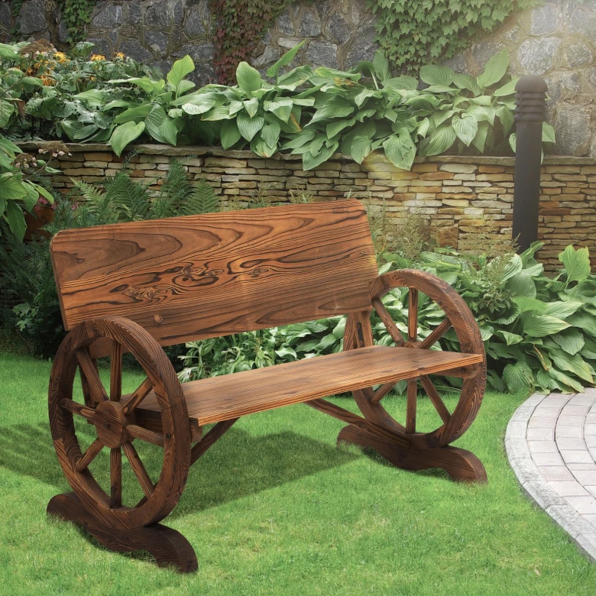 Fir Wood 2-Seater Outdoor Garden Wagon Wheel Bench - Carbonized Brown - The Garden Savant