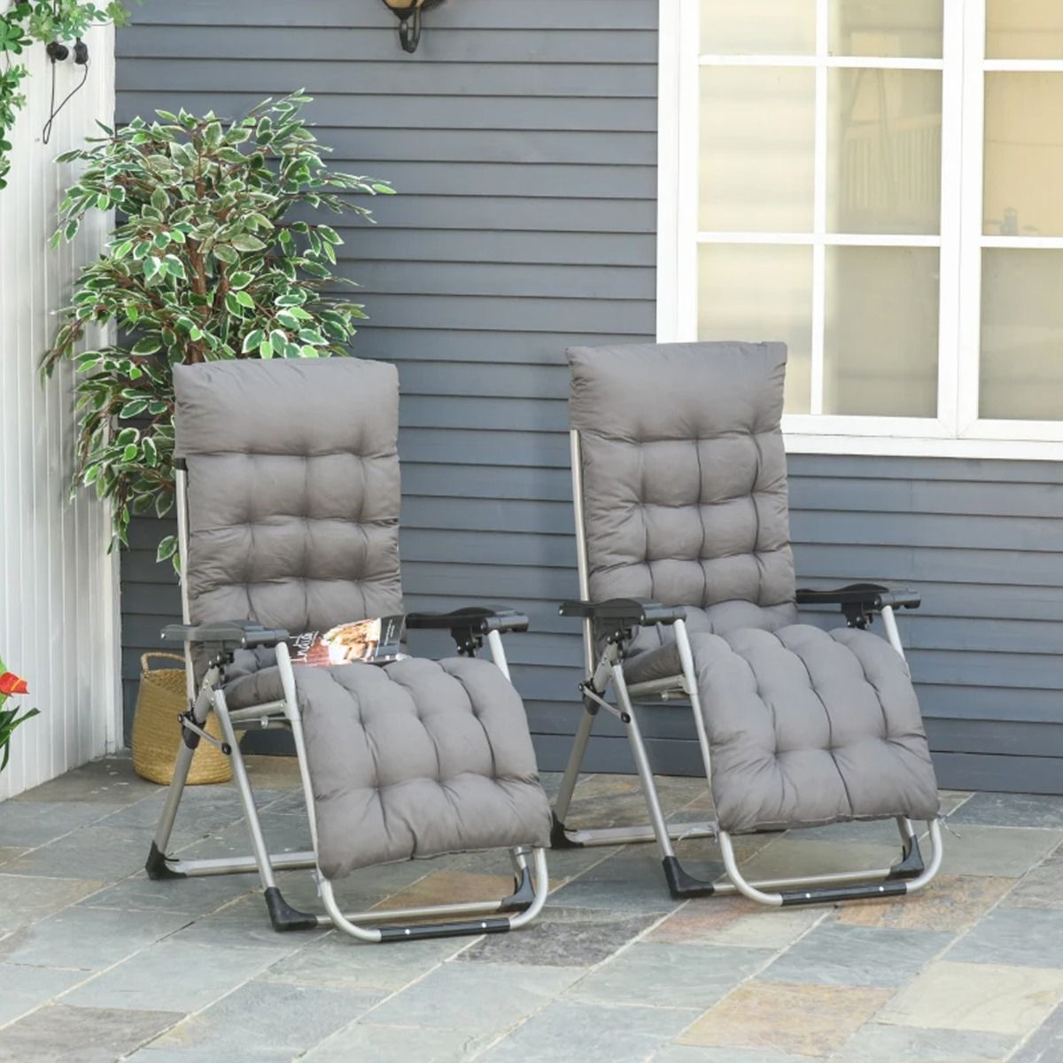 Foldable 2 PCS Zero Gravity Reclining Garden Chair Sun Lounger with Cushion Headrest - Dark Grey - The Garden Savant