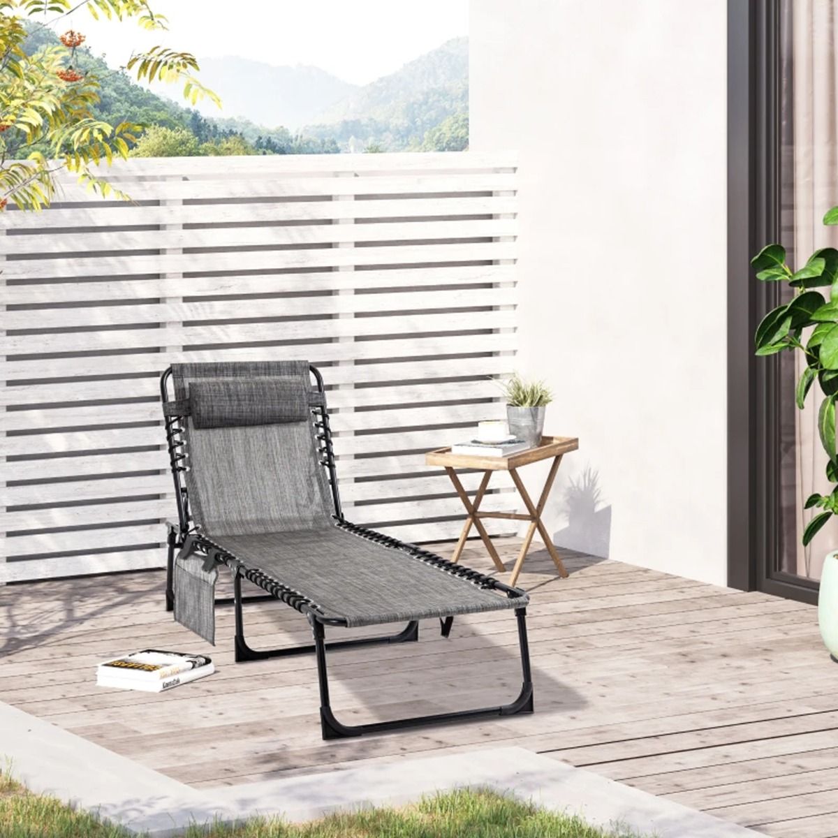 5 Position Adjustable Backrest Foldable Portable Reclining Sun Lounger with Pillow - Mixed Grey - The Garden Savant
