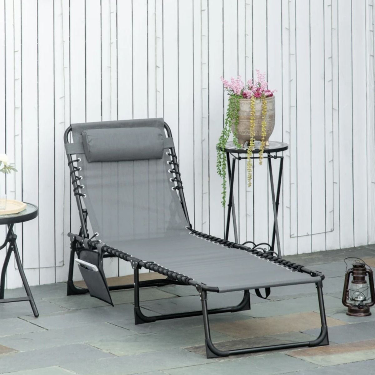 5 Position Adjustable Backrest Foldable Portable Reclining Sun Lounger with Pillow - Grey - The Garden Savant