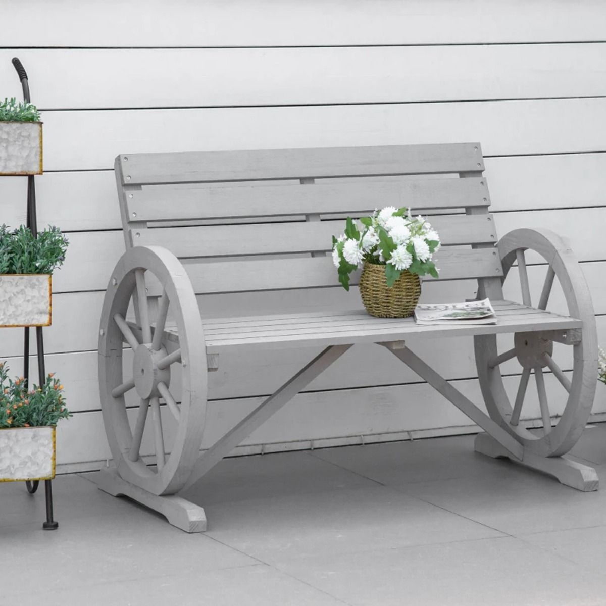 2 Seater Wooden Cart Wagon Wheel Garden Bench Rustic High Back - Grey - The Garden Savant
