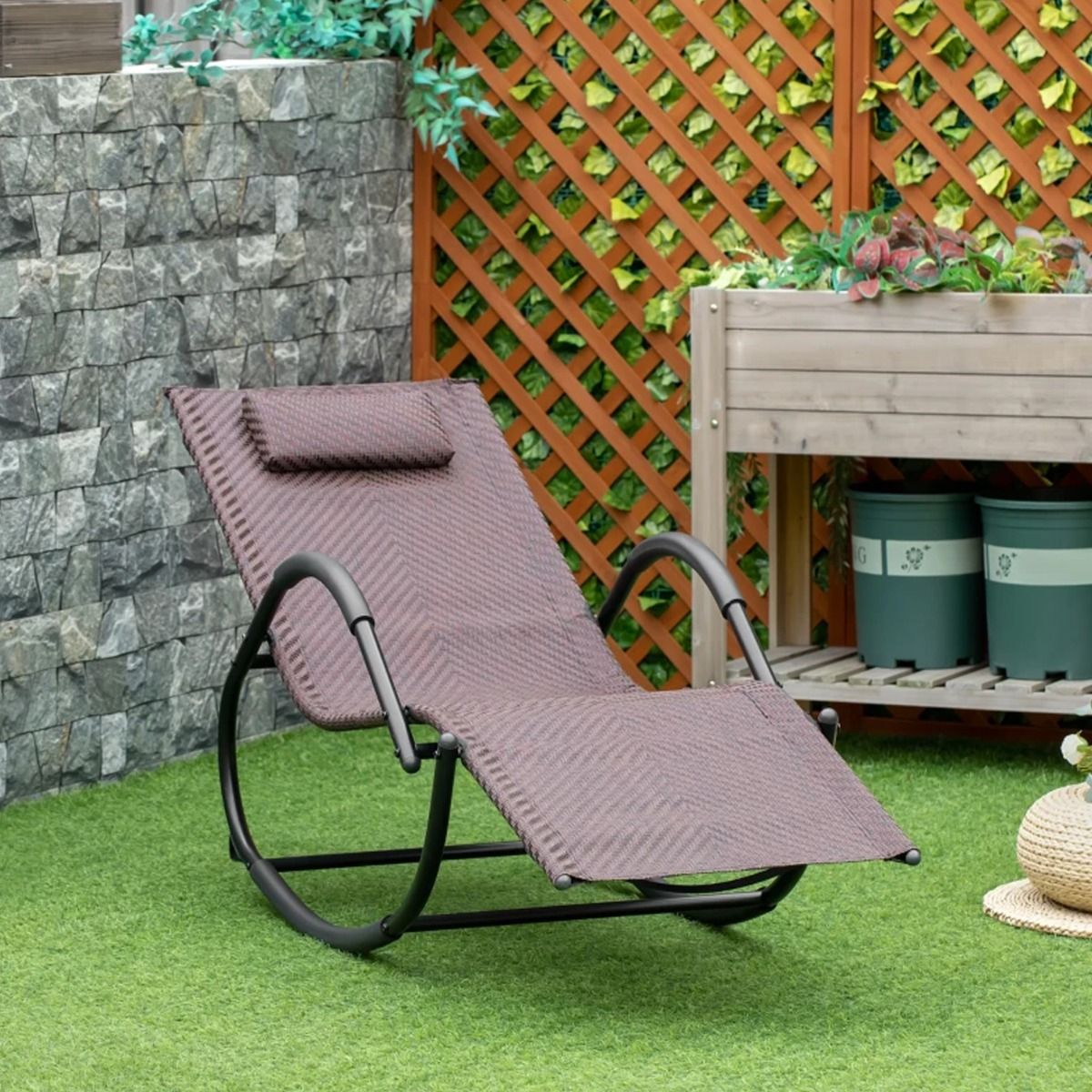 Ergonomic Shape Texteline Zero Gravity Rocking Sun Lounge with Pillow - Brown - The Garden Savant