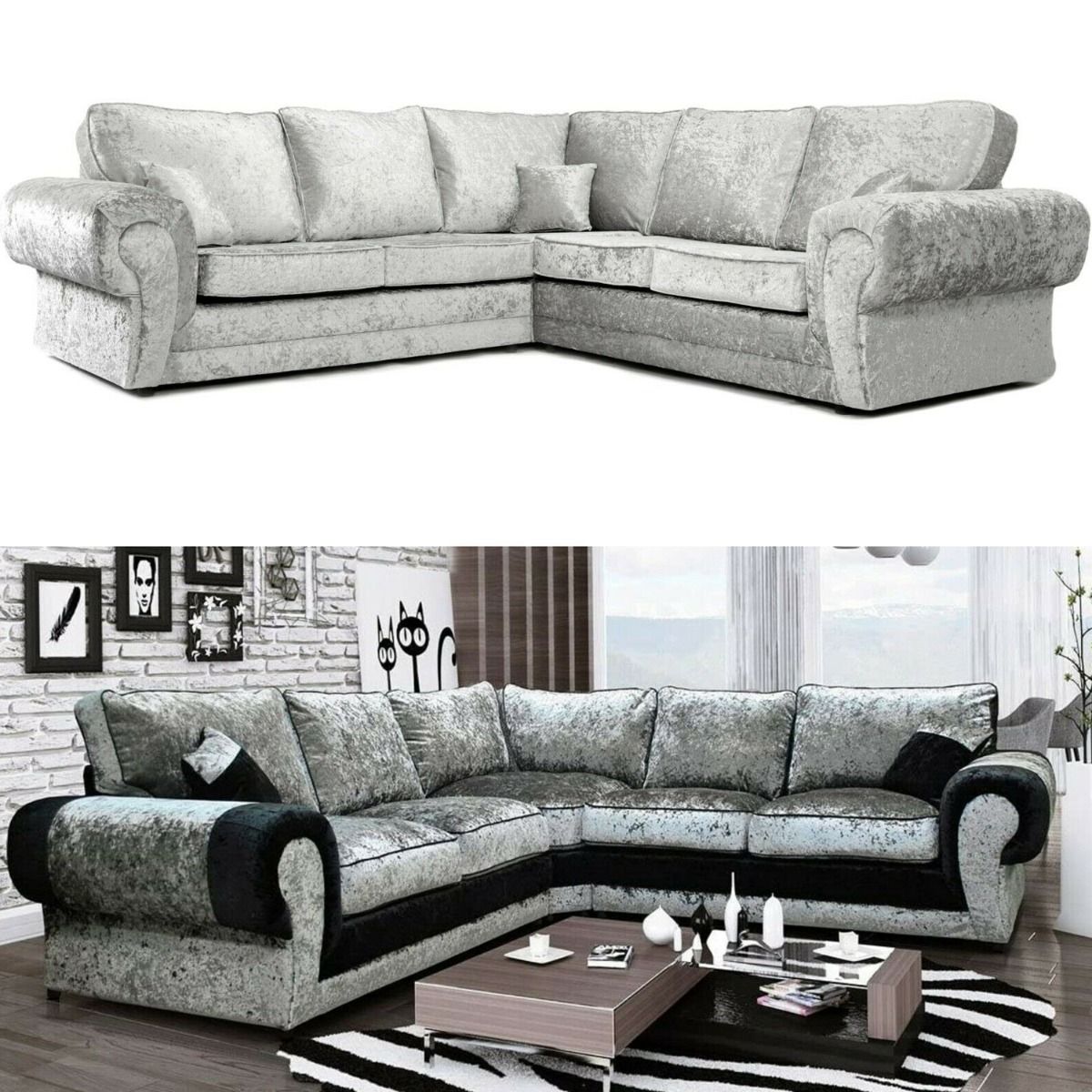 Crushed Velvet 5 Seater Large Corner Sofa - Silver or Black and Silver - Steve and Co Mills