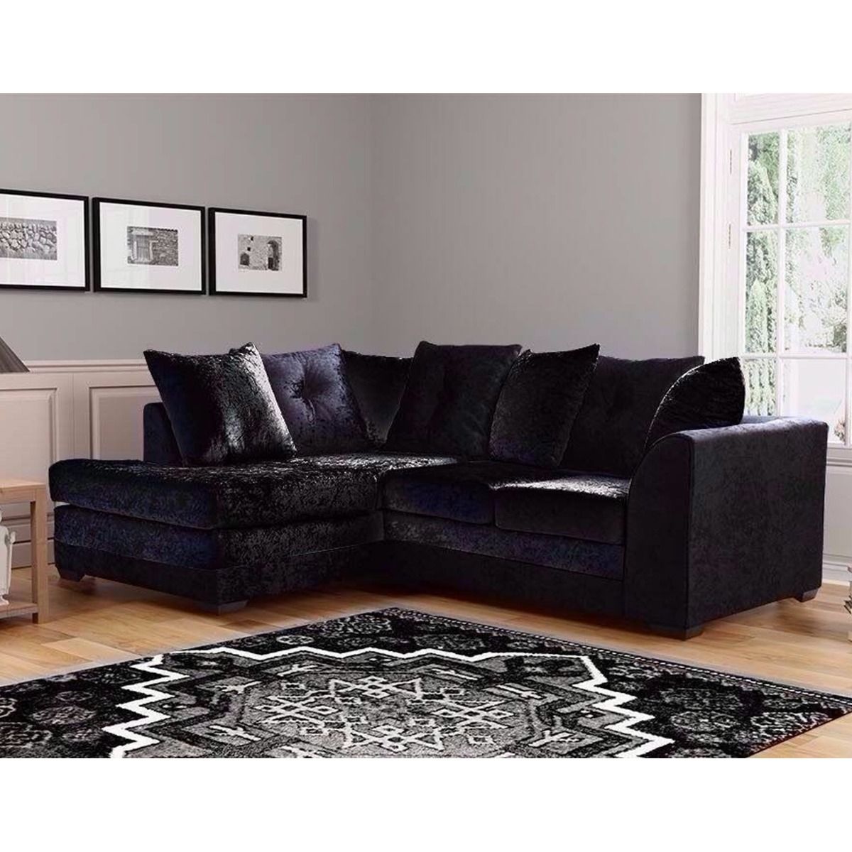 Modern Style Crushed Velvet Scatter Back Corner Sofa - Black - Steve and Co Mills