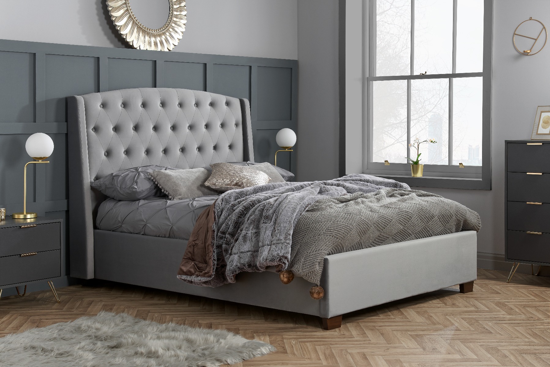 Birlea Balmoral Grey Velvet Fabric Bed - Double 4ft6 - Birlea Essentials