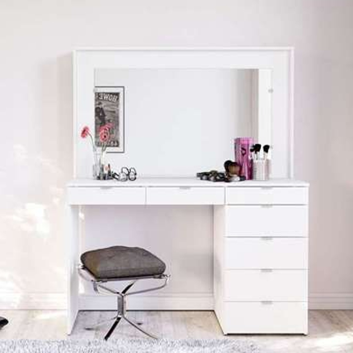 Dressing Table - FAYE 7 Drawer Dresser White 120cm - Birlea Essentials