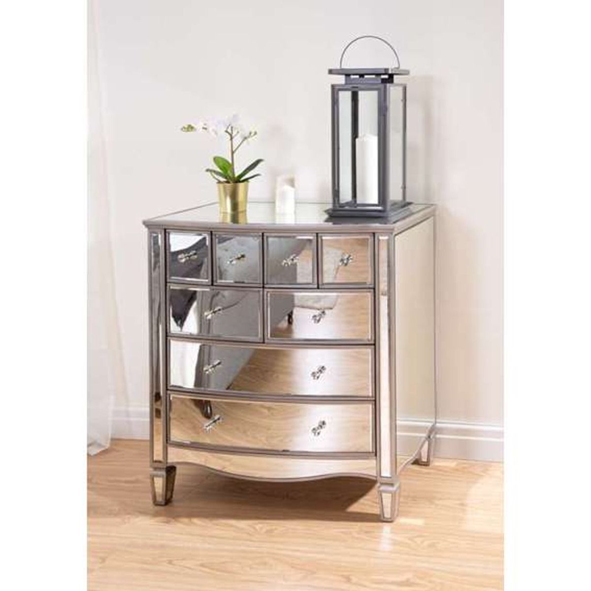 EVELYN II Silver Chest of Drawers - Medium-sized, 8 Drawers, Mirrored, Ready Assembled - Birlea Essentials