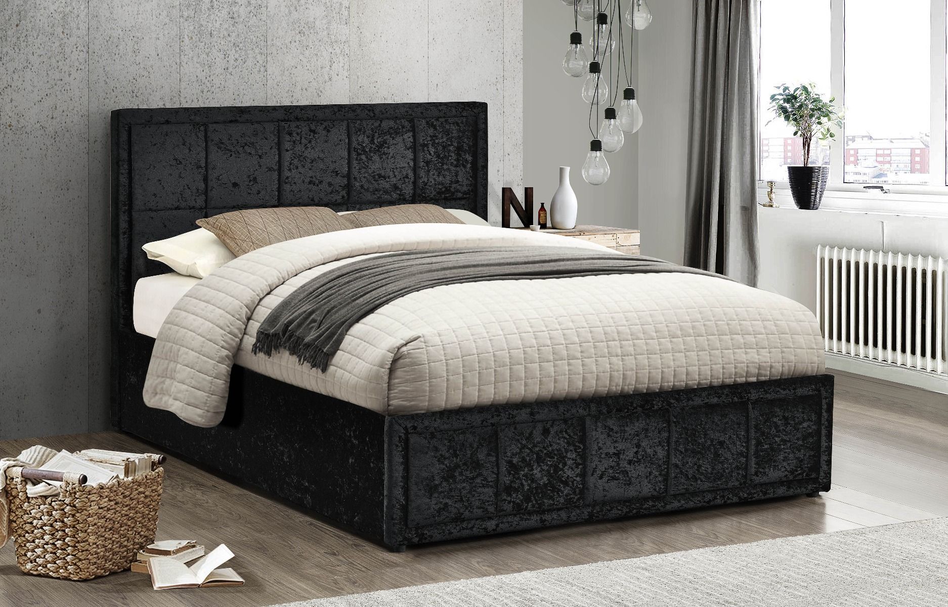 Birlea Hannover Black Crushed Velvet Ottoman Storage Bed - Small Double 4ft - Birlea Essentials