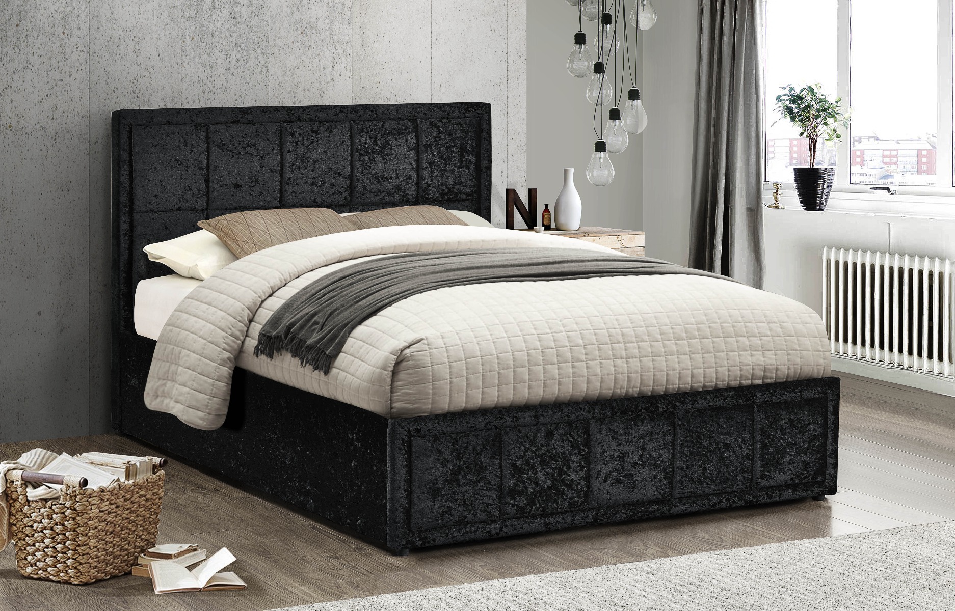 Birlea Hannover Black Crushed Velvet Ottoman Storage Bed - Double 4ft6 - Birlea Essentials