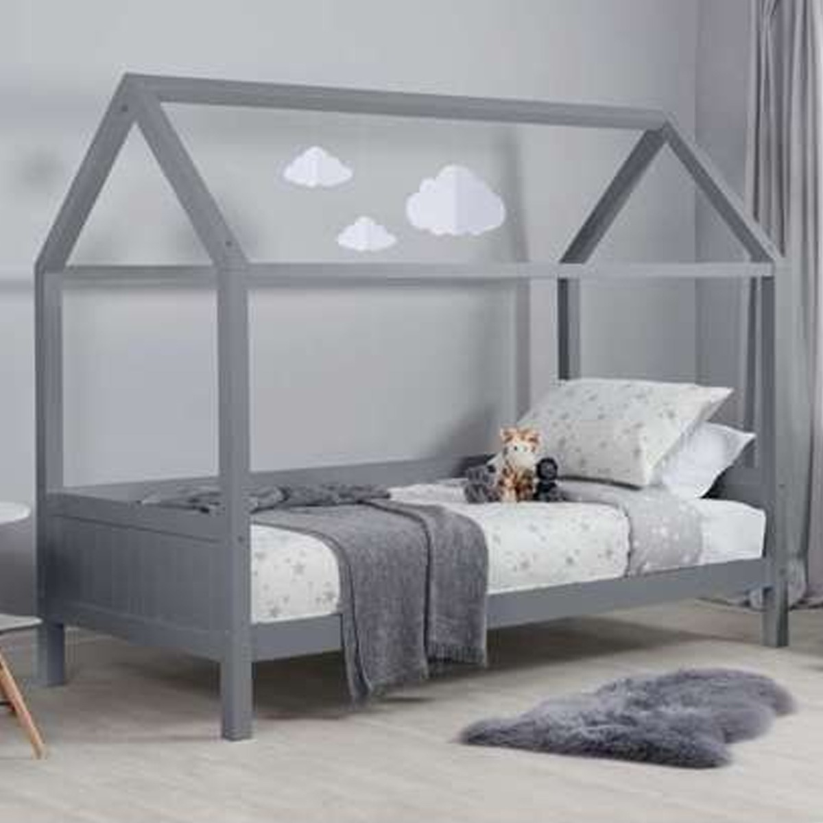 Wooden Solid Slatted Base Kids Single Bed - Grey - Birlea Essentials