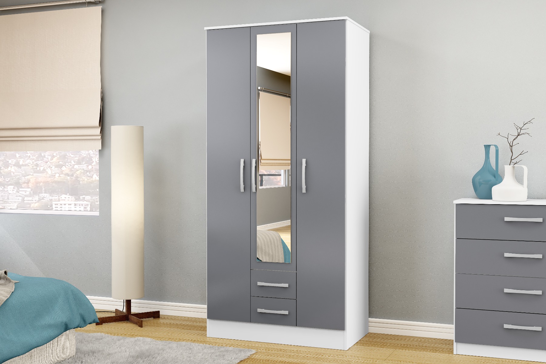 Wardrobe - LYTHAM 3 Door Wardrobe White and Grey 93.1cm - Birlea Essentials