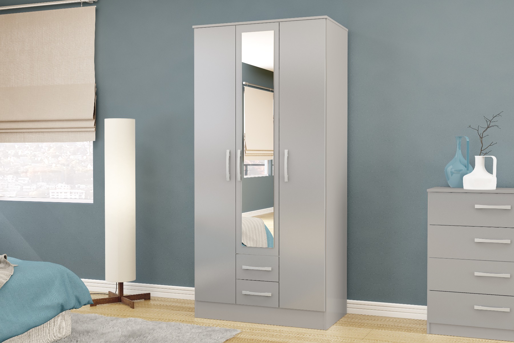 Wardrobe - LYTHAM 3 Door Wardrobe Grey 93.1cm - Birlea Essentials