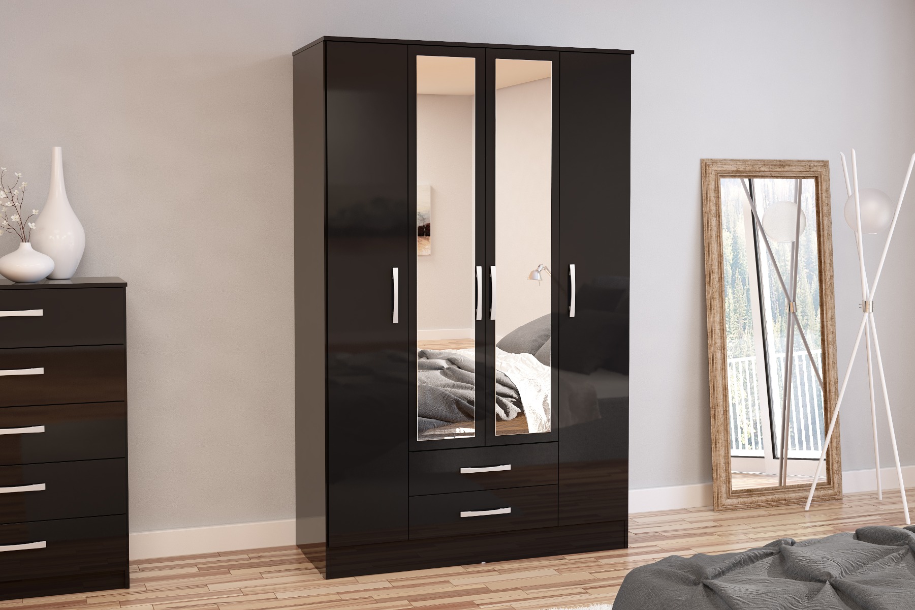 Wardrobe - LYTHAM 4 Door Wardrobe Black 123.4cm - Birlea Essentials