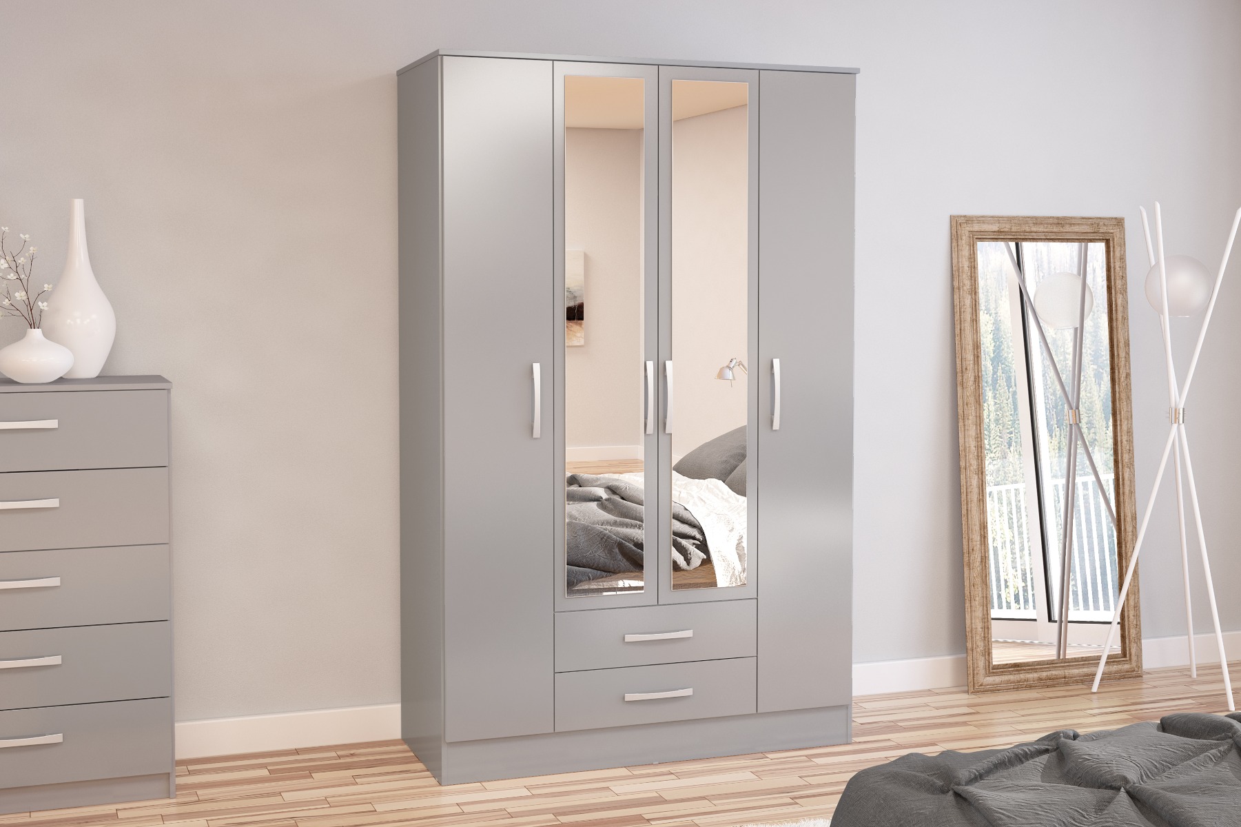 Wardrobe - LYTHAM 4 Door Wardrobe Grey 123.4cm - Birlea Essentials