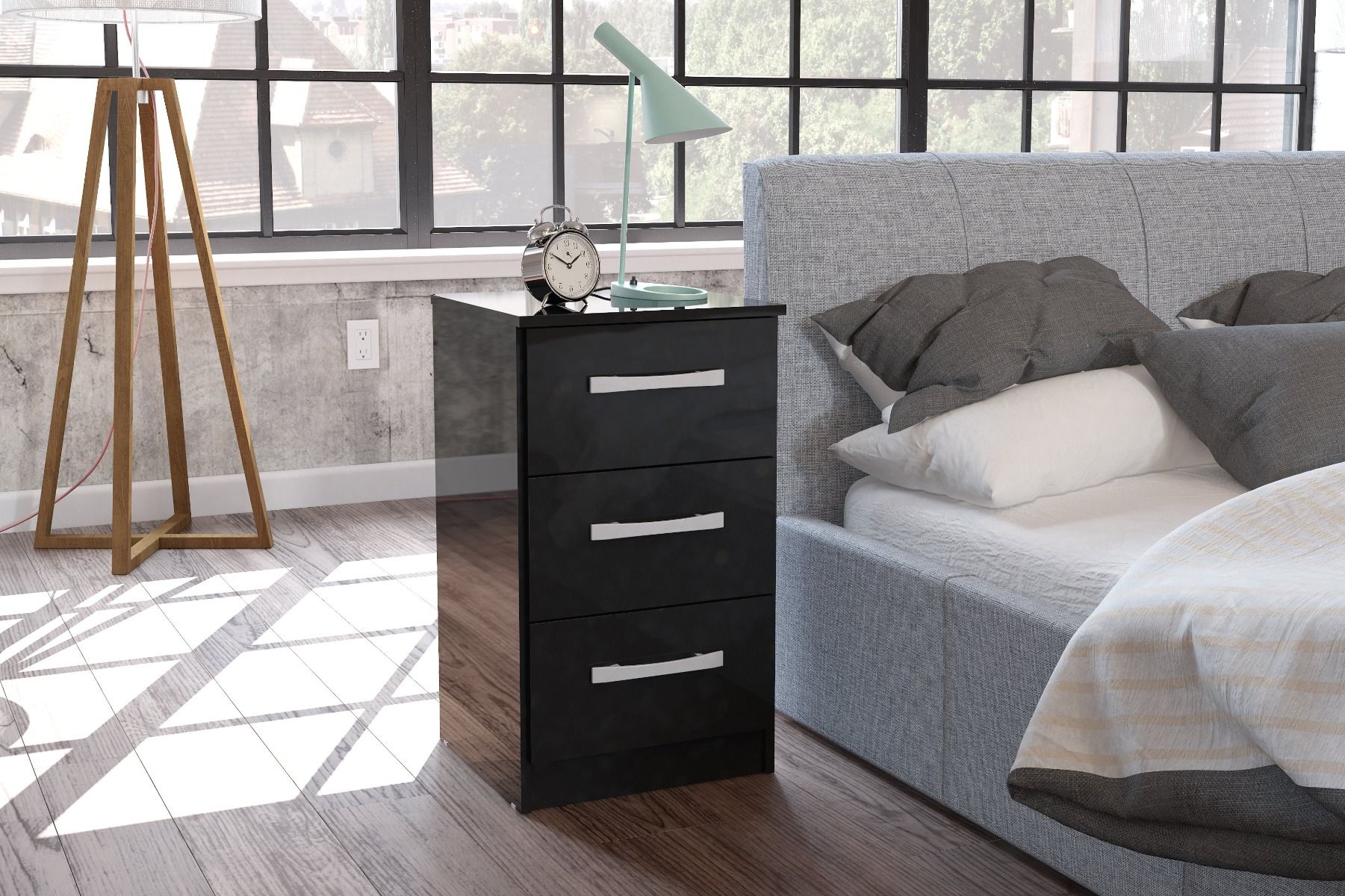 Bedside Table - LYNX 3 Drawer Nightstand Black 40cm - Birlea Essentials