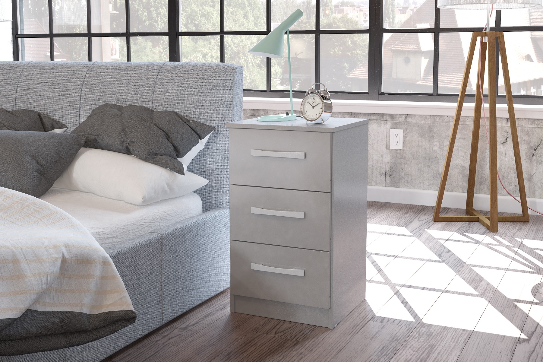 Bedside Table - LYNX 3 Drawer Nightstand Grey 40cm - Birlea Essentials