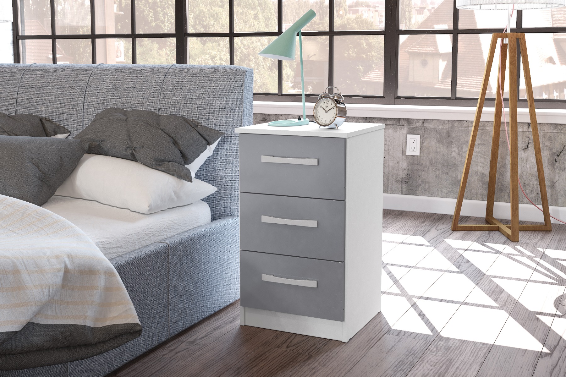 Bedside Table - LYNX 3 Drawer Nightstand White and Grey 40cm - Birlea Essentials