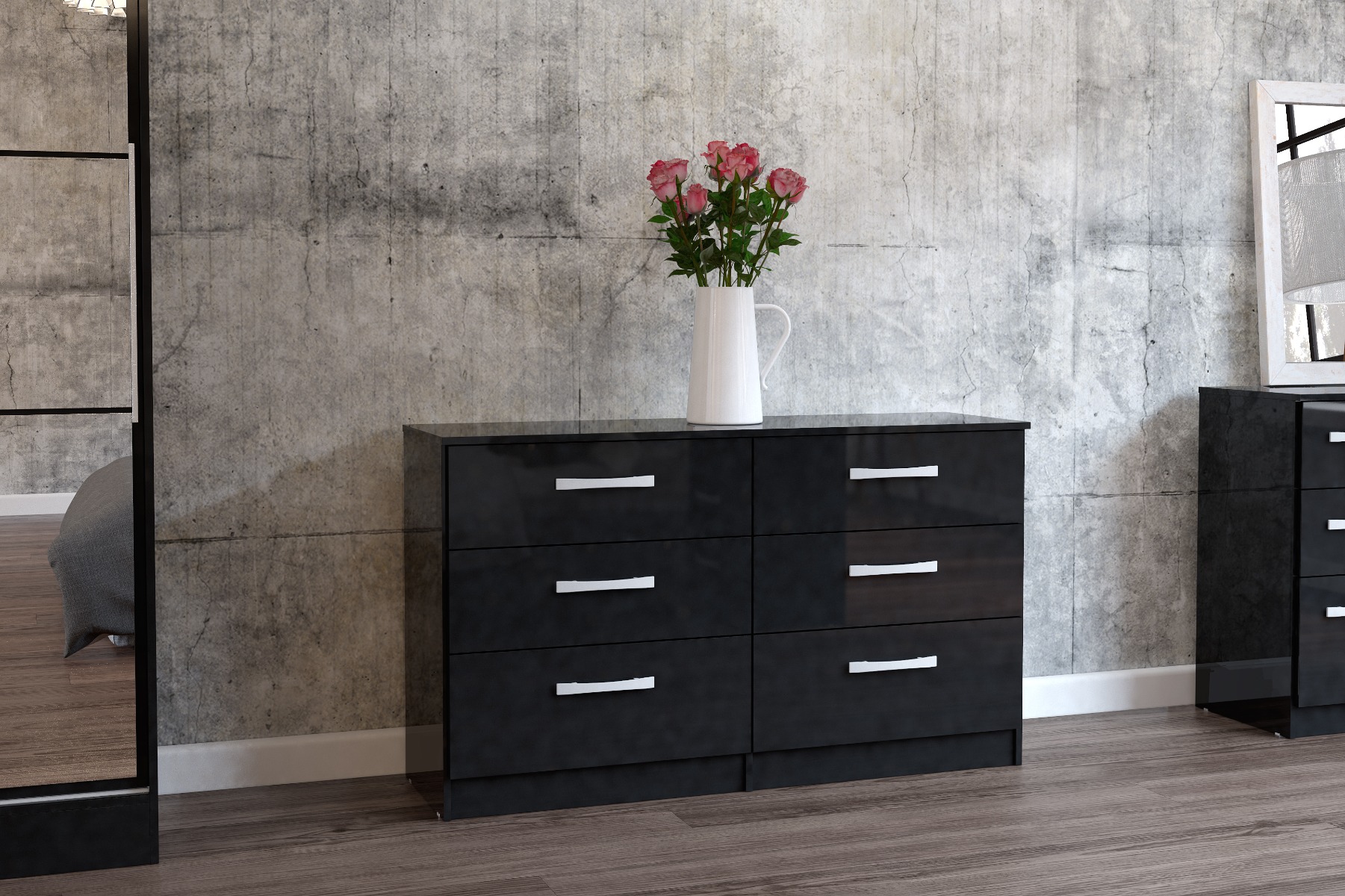 LYTHAM Black Chest of Drawers - Large-sized, 6 Drawers, Double - Birlea Essentials