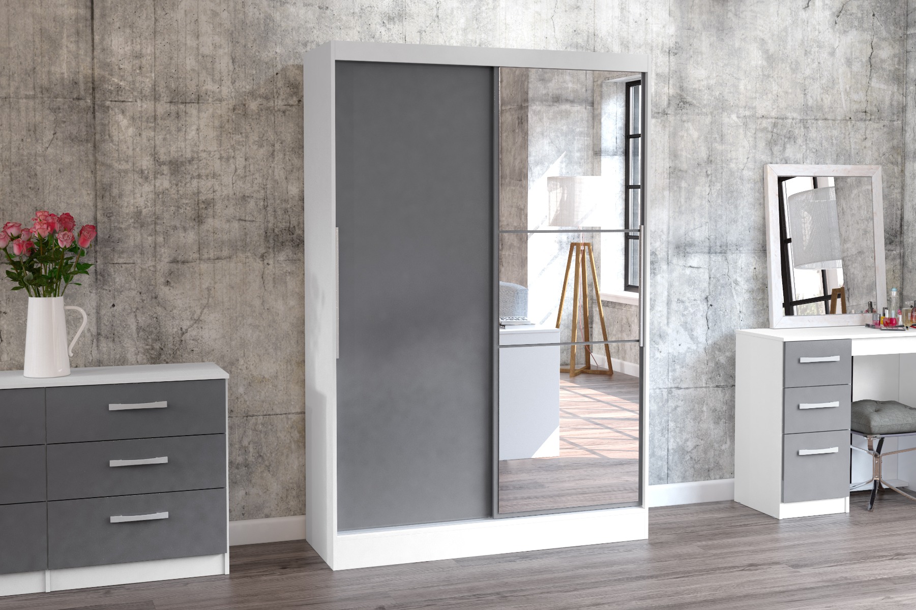Sliding Wardrobe - LYTHAM 2 Door Mirrored Wardrobe White and Grey 132cm - Birlea Essentials
