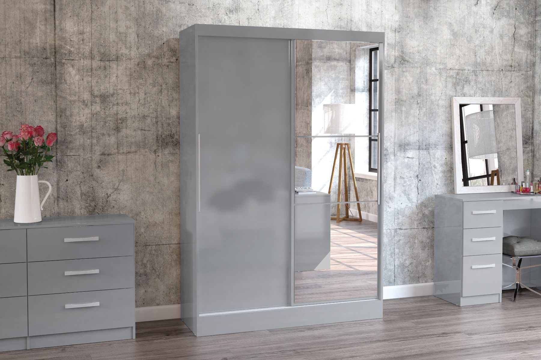 Sliding Wardrobe - LYTHAM 2 Door Mirrored Wardrobe Grey 132cm - Birlea Essentials