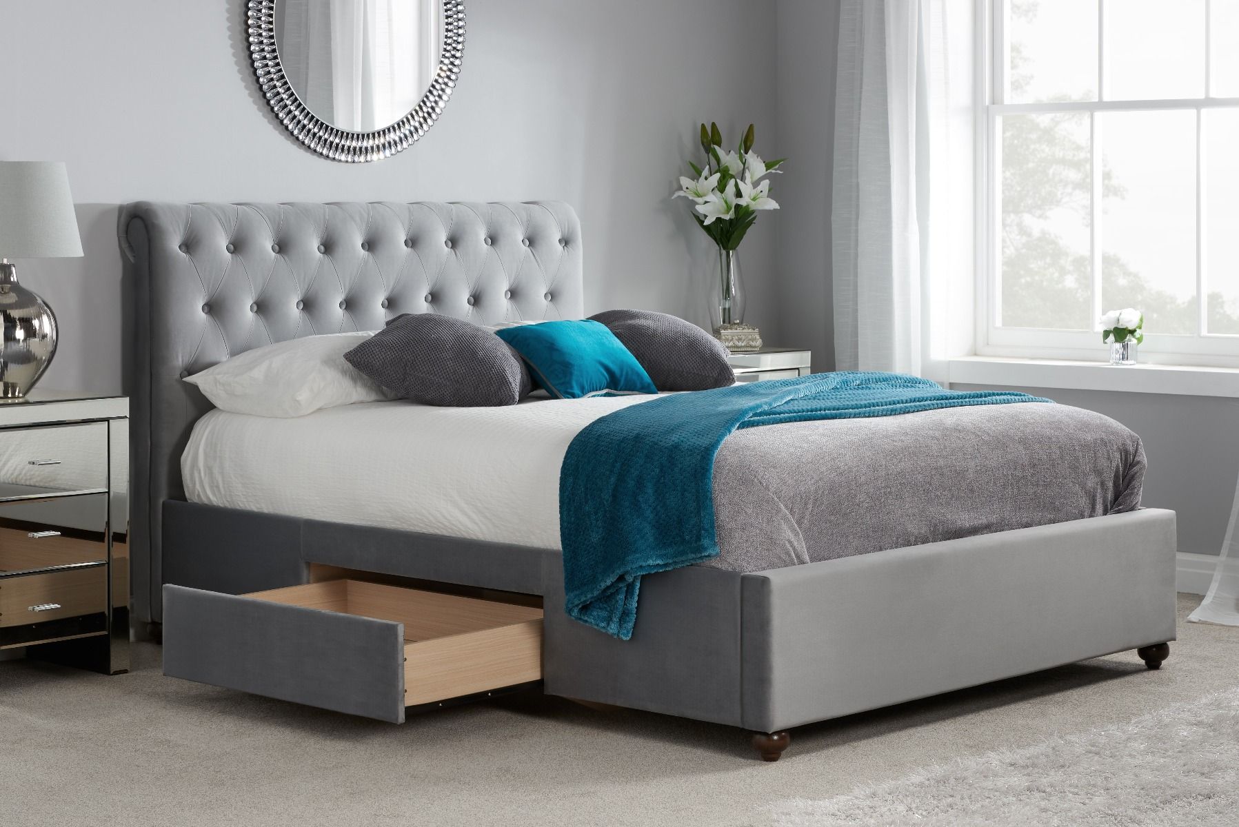 Birlea Marlow Grey Velvet Fabric 2-Drawer Bed Frame - Double 4ft6 - Birlea Essentials