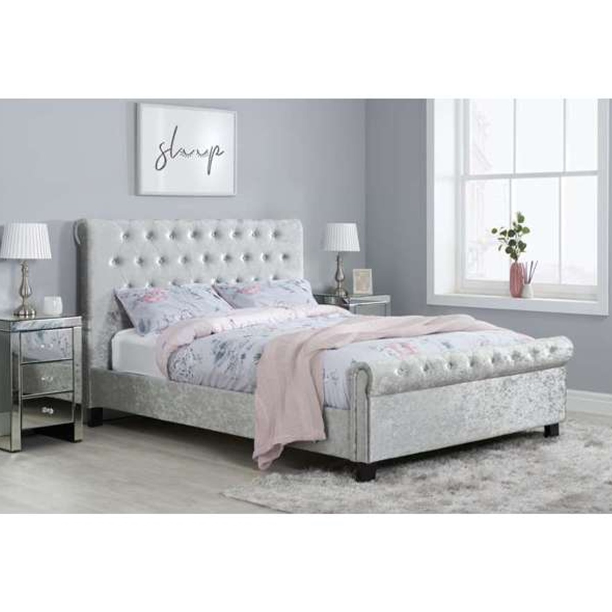 Sienna Upholstered Dark Feet Rolled Headboard Fabric Bed - Kingsize 5ft - Birlea Essentials