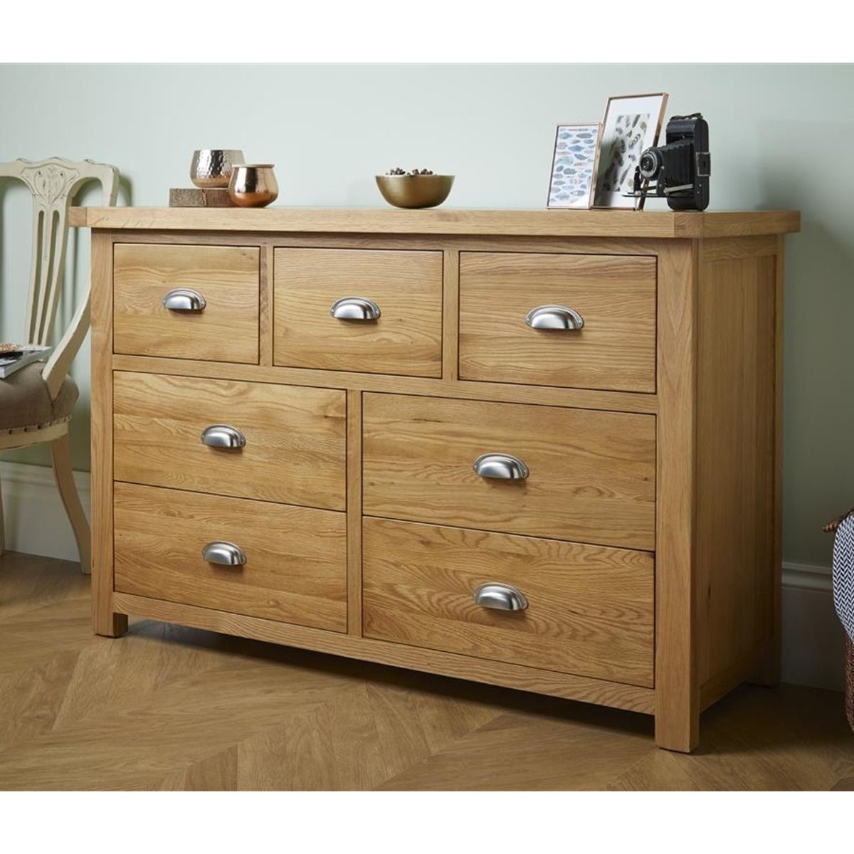 WOKINGHAM Oak Finish Chest of Drawers - Large-sized, 7 Drawers, Double - Birlea Essentials