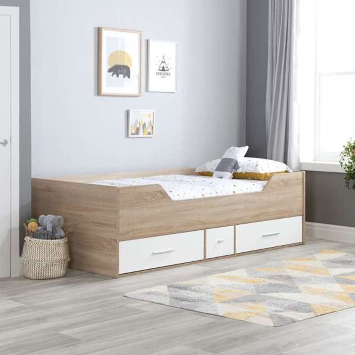 3 Spacious Drawers Camden Cabin Single Bed - White with Oak Effect - Birlea Essentials