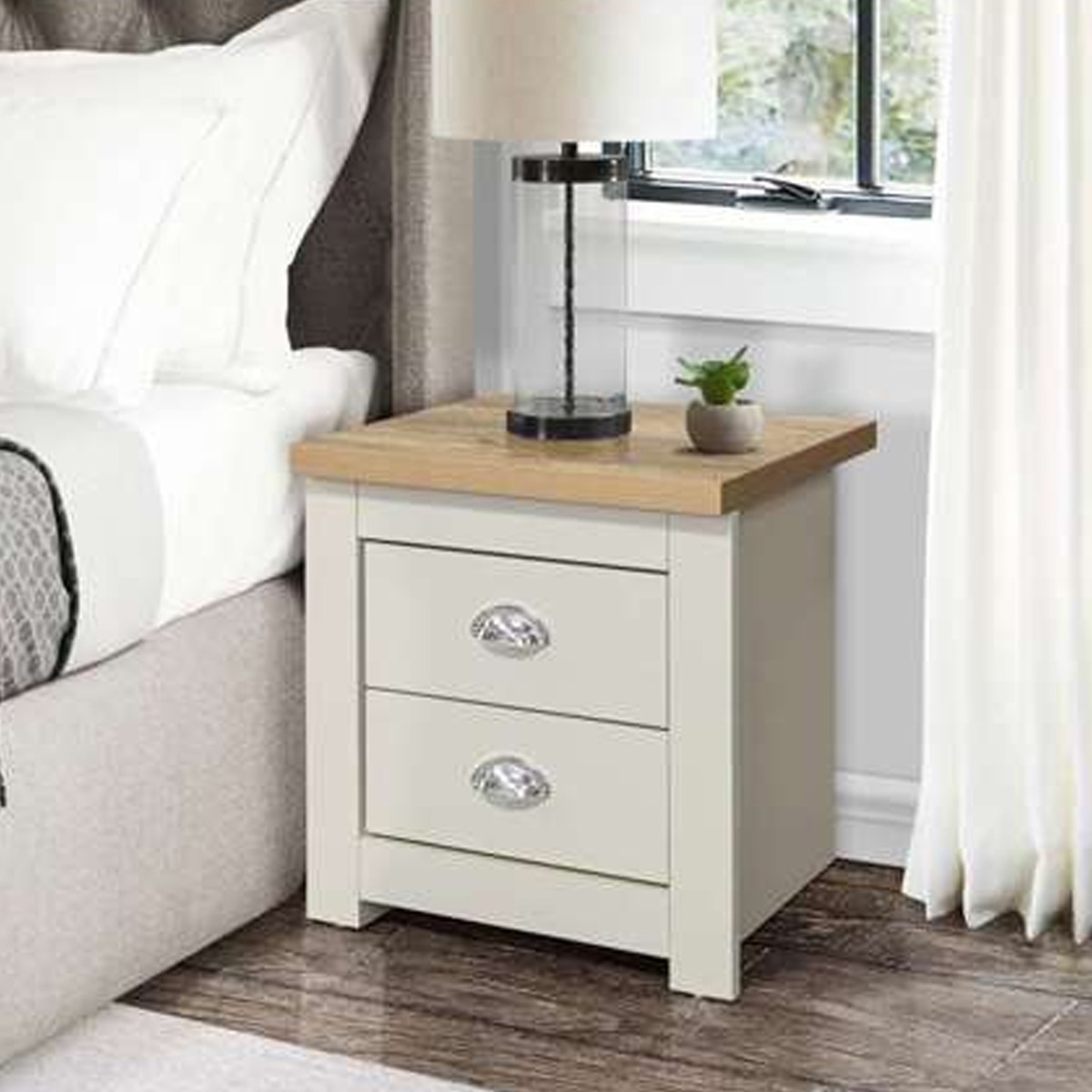 Bedside Table - CROMER 2 Drawer Nightstand Cream and Oak 44.6cm - Birlea Essentials