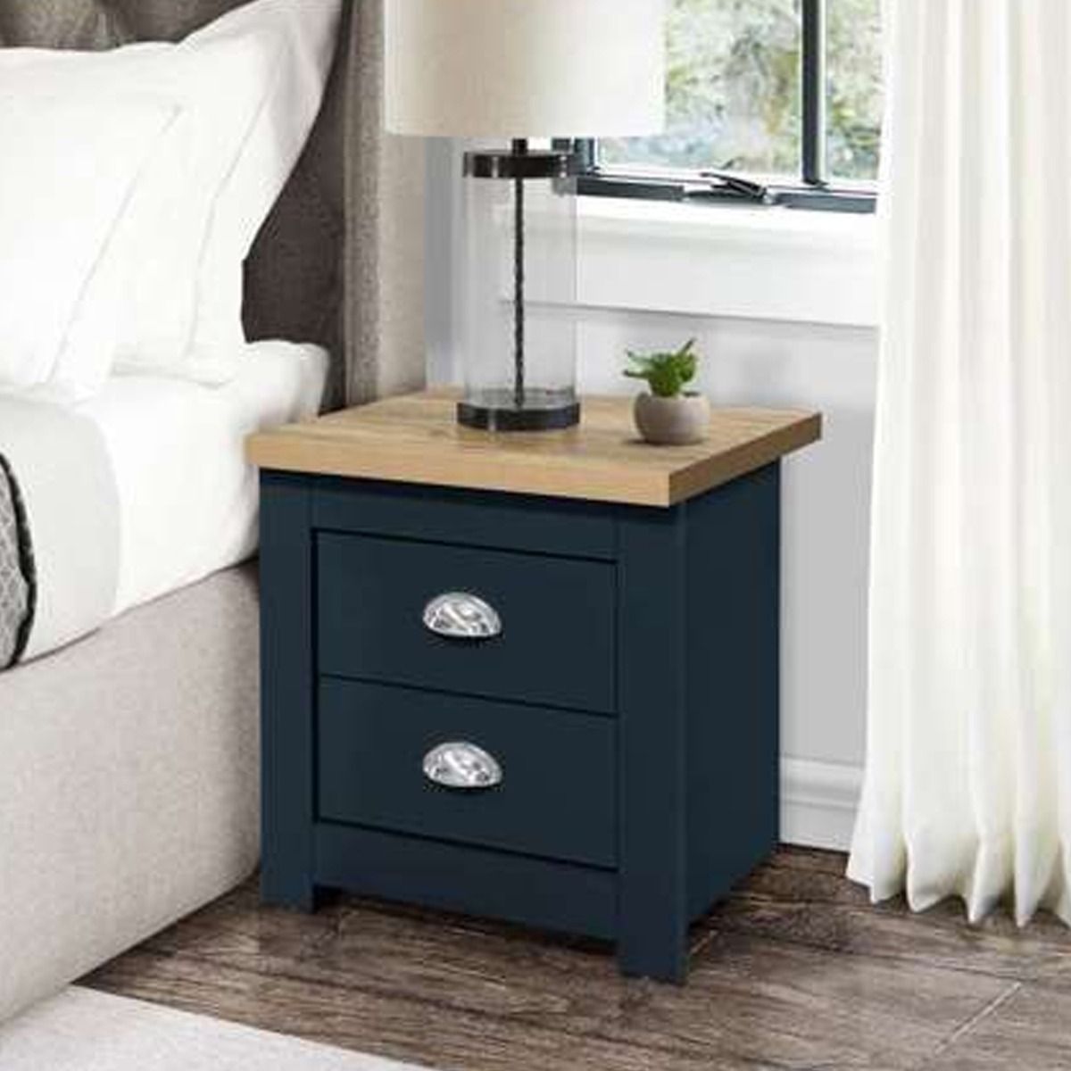 Bedside Table - CROMER 2 Drawer Nightstand Navy Blue and Oak 44.6cm - Birlea Essentials