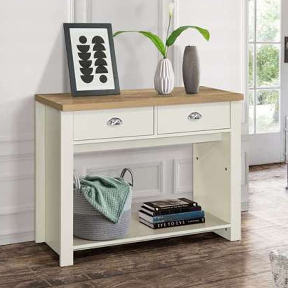 Modern Design Oak Top 2 Drawers Console Table - Cream - Birlea Essentials